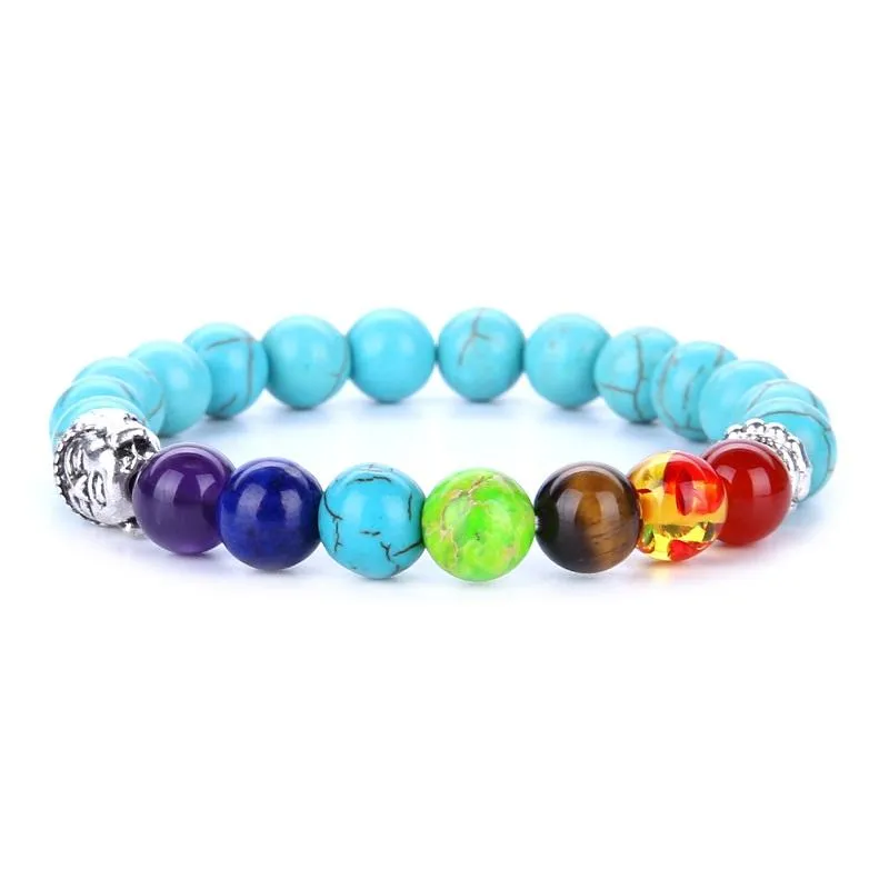 Pulseira de vulcão de cabeça de Buda moda atacado natural lava vulcão, ágata vermelha, ametista pedra com sete cores de pedra frisada pulseira