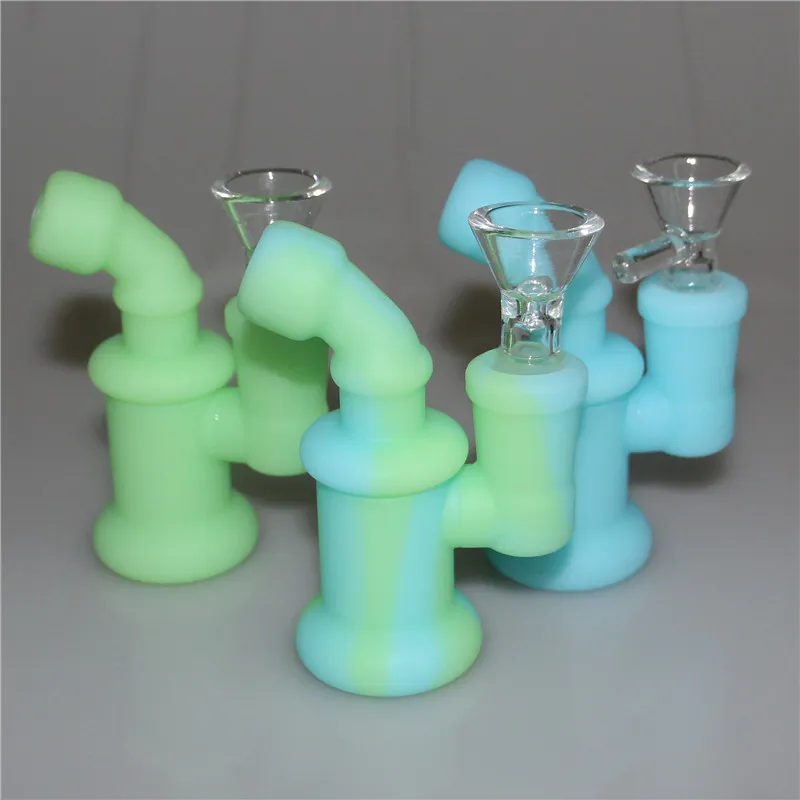 Glöd i mörk silikon bong vattenrör vattenpipa silikon olje riggar mini bubbler bongs vattenpipa glasskål 5 ml kiselbehållare