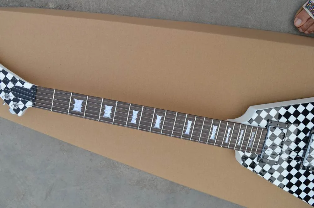 Whole G Flying V Electric Guitar 6 String Checkerboard Body in White14061008017412592