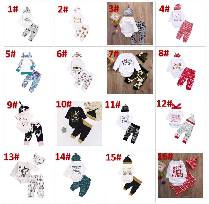 21 Stile NEU Baby Baby Mädchen Weihnachten Hollowen Outfit Kinder Jungen Mädchen 3 Stück Set T-Shirt + Hose + Hut Baby Kinder Kleidung Sets BY0142