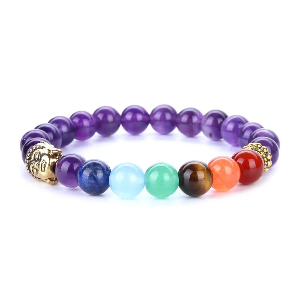 7 Chakra Guldpläterad Buddha Färgglada Beaded Bracelets Fashion Stone Charm Smycken Yoga Energy Armband Bangles Unisex Lava Armband