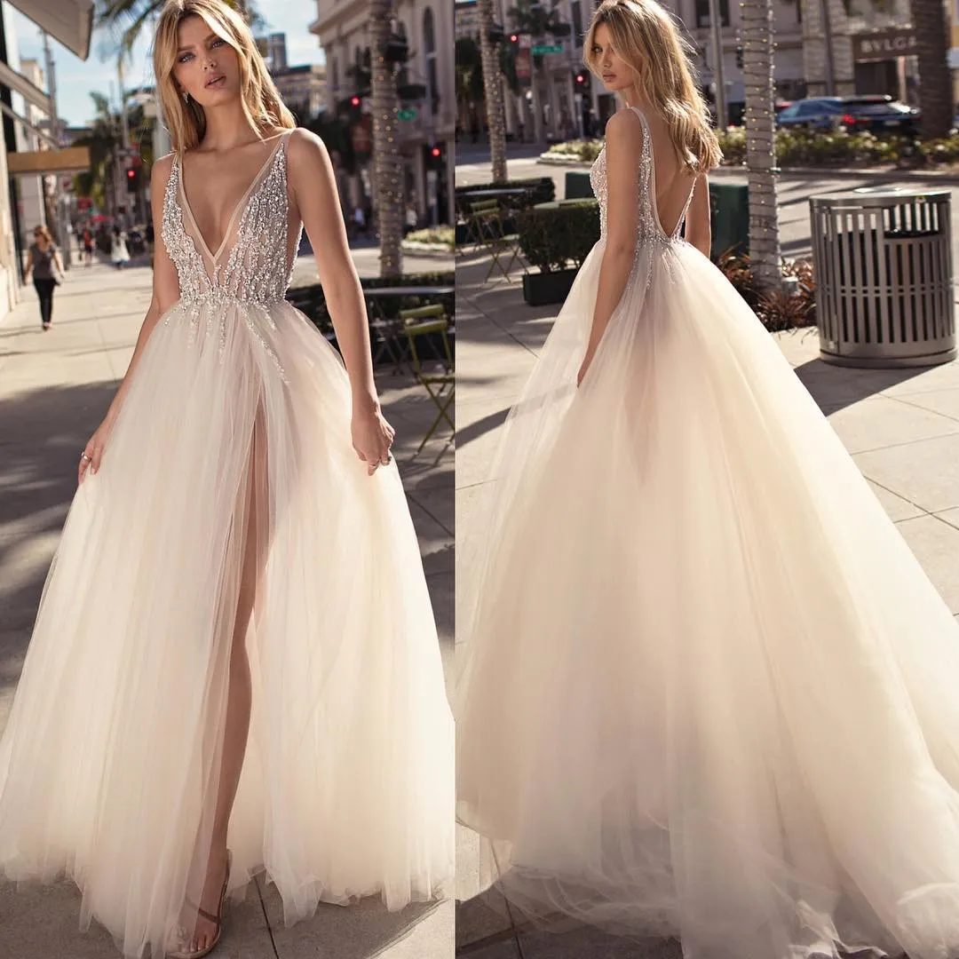 2018 مثير grogeous شفرة من أعلى من V-neck حواء الفستان Prom Dress Long Sliver equin حبات مزيج Tulle Party Dress SPL2872