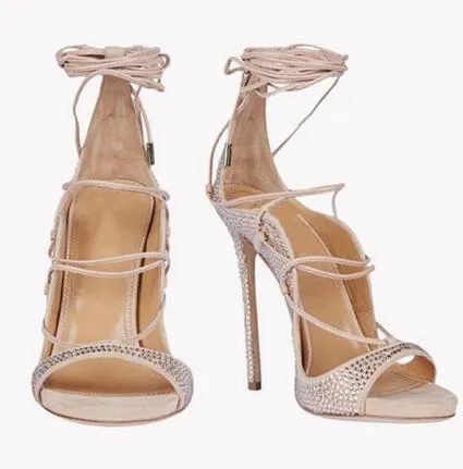 2018 Sexy sandales à lanières en cristal talon haut découpé Peep Toe robe d'été chaussures femme bride à la cheville gladiateur sandale bottes
