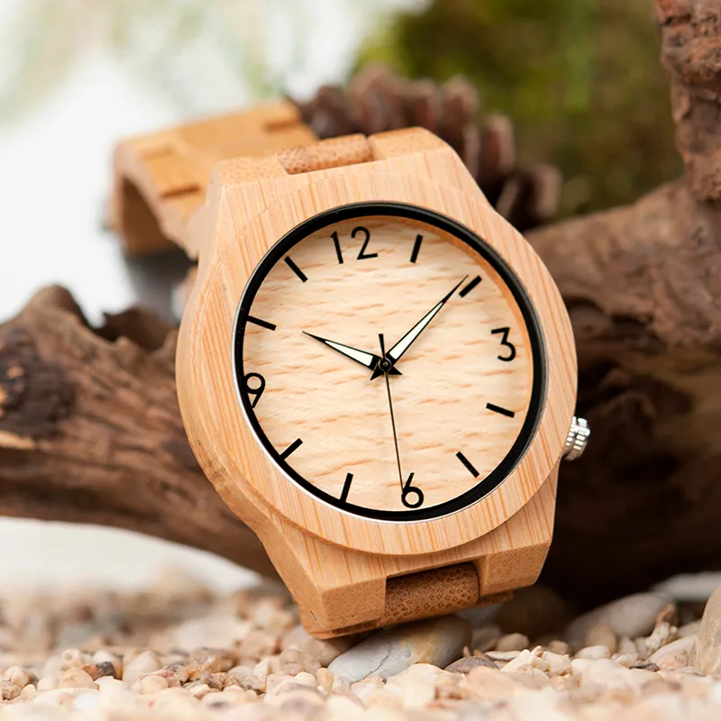 2018 BOBO BIRD WD27 Bambou Montre En Bois pour Hommes Conception Unique De Lug Top Marque De Luxe Quartz Bois Bande Nuit Vert Pointeur Poignet Watc229I