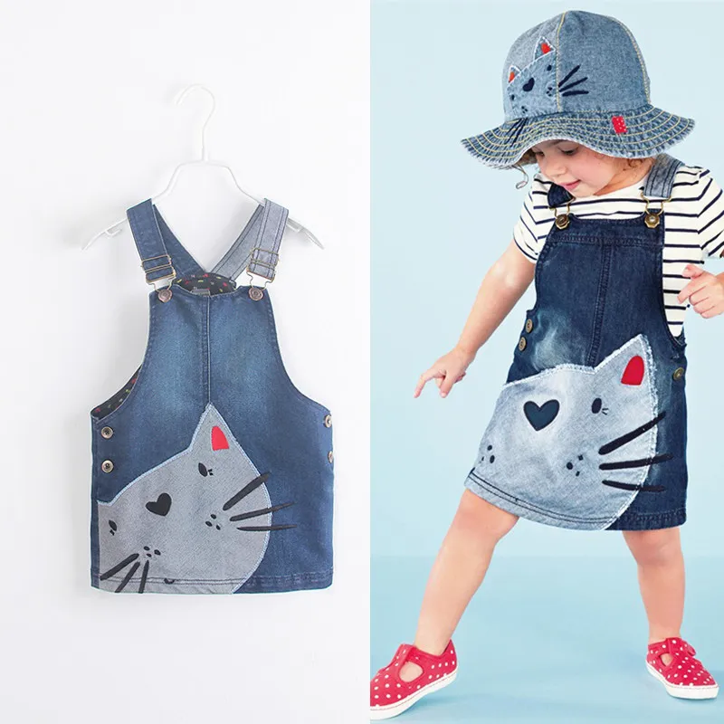 Girl's Dresses 1pc Baby Girls Kids Cat Denim Overalls Newest Fashion Knee-length Braces Clothes 2-7y