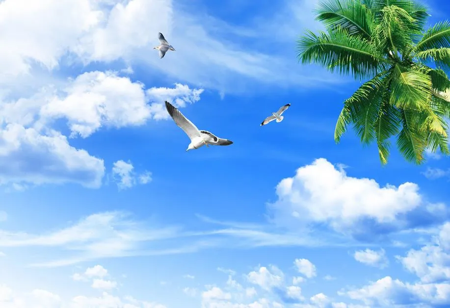 3 d wallpaper Coconut blue sky and white clouds HD zenith murals 3d photo wallpaper