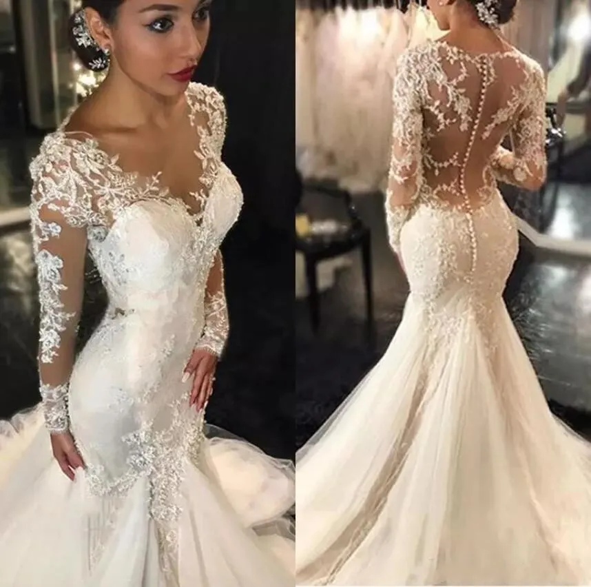 Elbeth Gillis 2019 Robes De Mariée Bohême Jewel Neck Dentelle Appliques Robe De Mariée Sirène Perlée Balayage Train Robes De Mariée Robe De Mariée