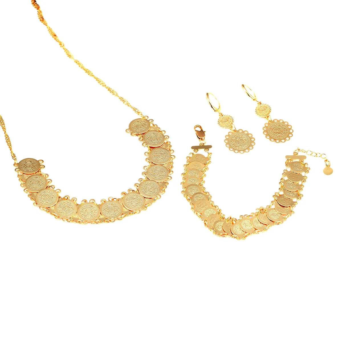 Gold Plated Jewelry Set Ethiopian Jewelry Antique Coin Bracelet Earrings Necklace Set