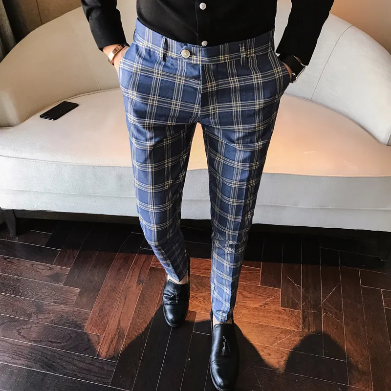 Hommes habiller pantalon plaid business décontracté slim fit pantalon un carreau de chèque vintage de carreau classique pantalon de mariage pantalon de mariage