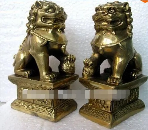 Darmowa Wysyłka Chiński Foo Dog Lion Fu Bronze Statua Para Figurki Feng Shui Elementy Oriental SZ: 11x6x8.3cm