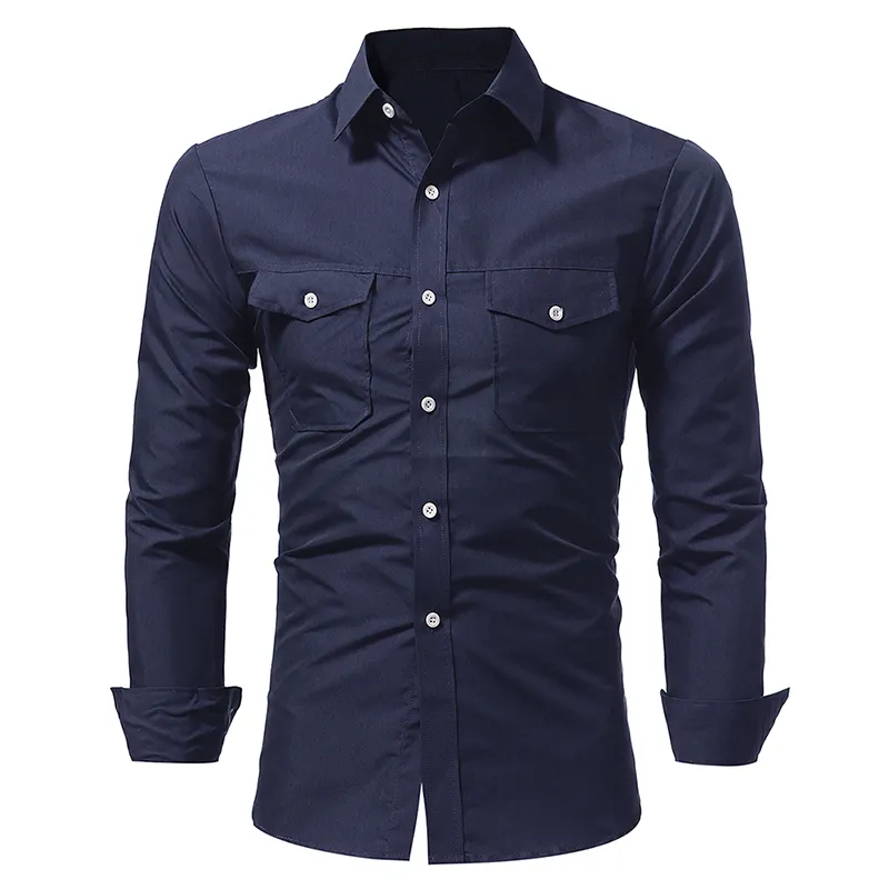 Marca 2018 Moda Hombre Camisa de manga larga Tops Cl sico Doble bolsillo Hombres Camisas de vestir Slim Hombres Camisa XXL ASDD