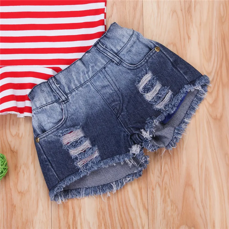 Mode Kleinkind Kleidung Kinder Baby Mädchen Kleidung Sets Gestreifte Rückenfreie Tops + Denim Jeans Shorts Mädchen Set Outfits sommer Mädchen Kleidung