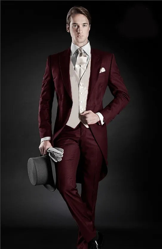 Morning Style Burgundy Tailcoat Groom Tuxedos Eiegant Men Wedding Wear High Quality Men Formal Prom Party Suit(Jacket+Pants+Tie+Vest) 965