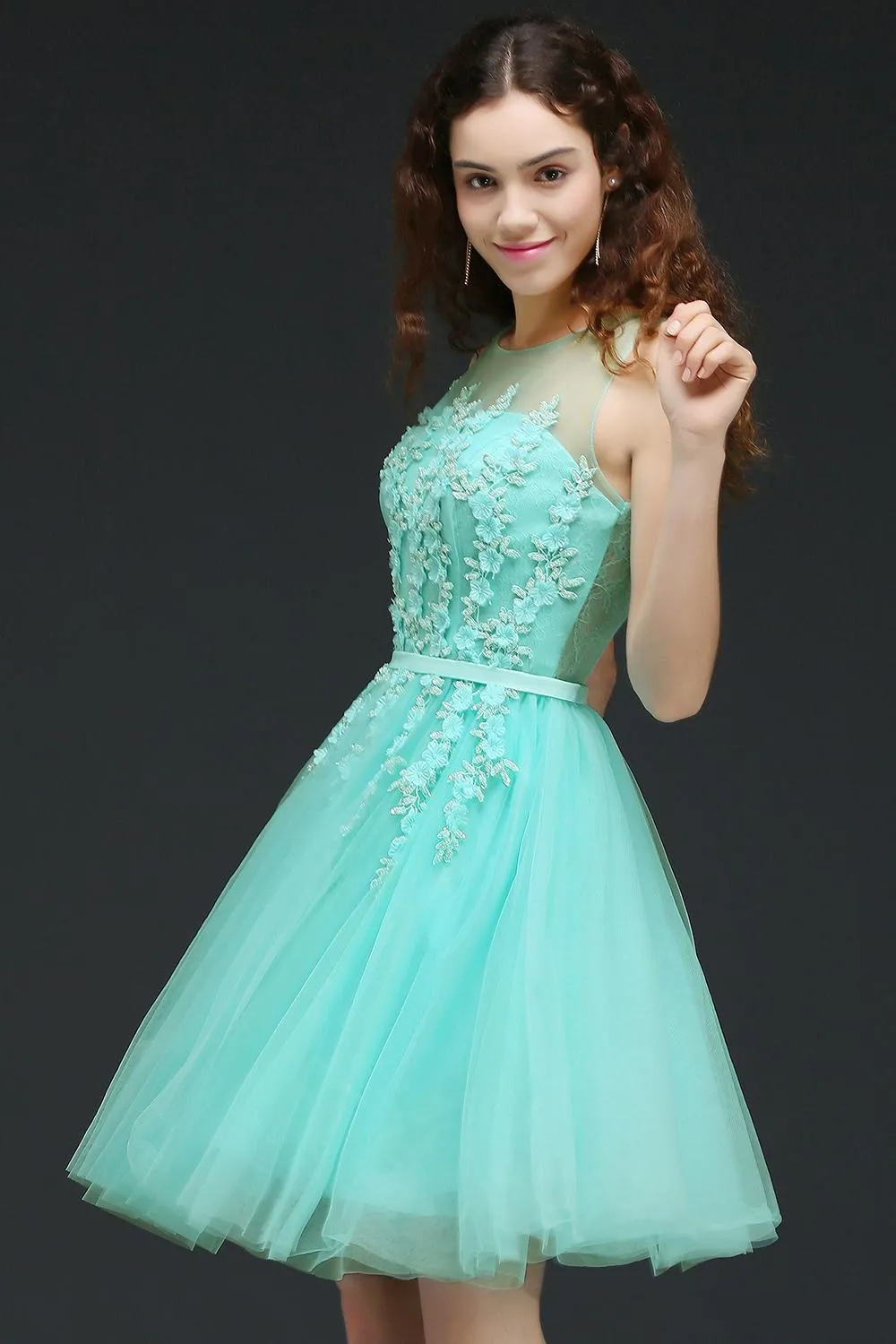 New Hot Mint Green Tulle Short Prom Homecoming Dresses Sheer Jewel Neck A Line Knee Length Cocktail Dresses With Lace-up Back HY207