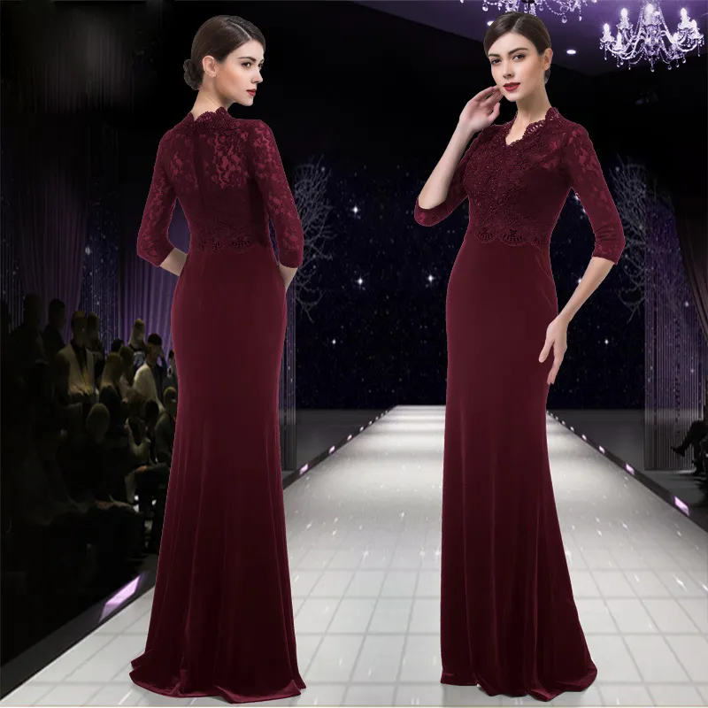 Elegant velvet with Lace Mother of the bride dresses half sleeves zipper back floor length applique with sequins