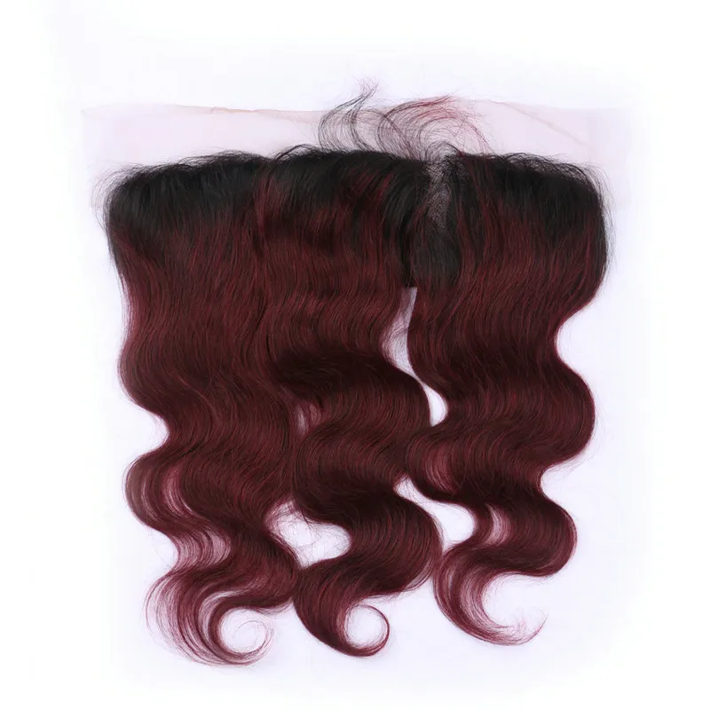 Peruanska vinröda ombre mänskliga hårbuntar med full fronna kroppsvåg # 1b / 99j Burgundy Ombre Lace Frontal Closure 13x4 med väv