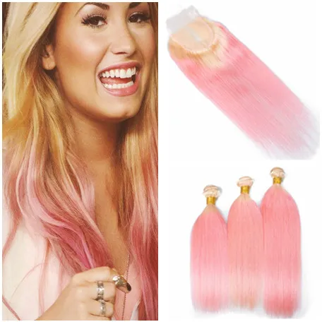 Silky rak # 613 / rosa ombre peruansk mänsklig hårbunt handlar om 4x4 spetsförslutning blondin och rosa ombre jungfru mänskligt hår vävbuntar