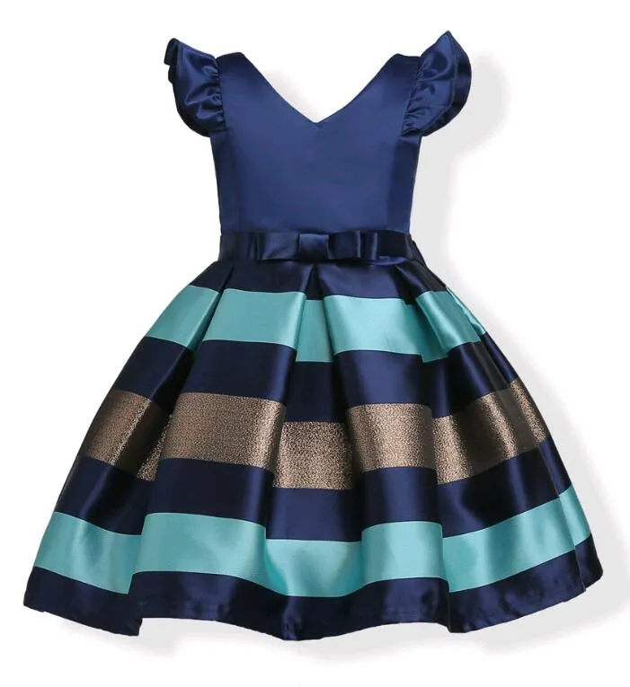 Fashion Puff Sleeves Mix Color Stripe Jacquard Party Dress for Girls Wedding Satin Europe and American Princess Dresses fit 3-10 Years kids