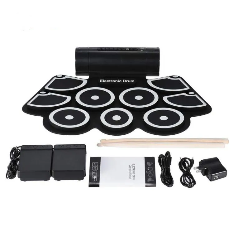 Portable Electronic Roll Up Drum Pad Set 9 Silicon Pads Built-in Speakers with Drumsticks Foot Pedals USB 3.5mm Audio Cable