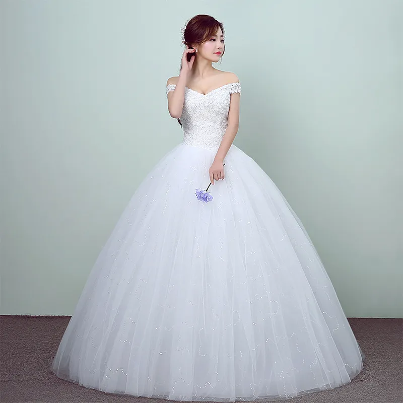 Benutzerdefinierte Hochzeit Kleid 2017 Neue Ankunft Mode Einfache Sexy Boot-ausschnitt Weiß Spitze Prinzessin China Brautkleider Vestidos De Novia