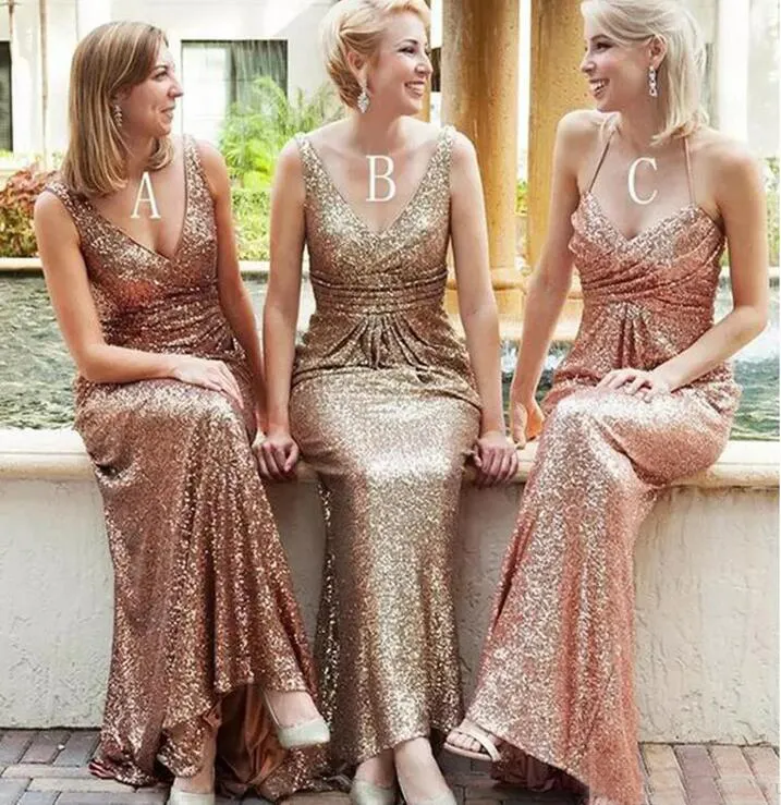 2018 Bling Sequined Bridesmaid Dresses V Neck Sexig Backless Gold Long Mermaid Bröllop Gästklänning Formell Party Maid of Honor Gowns