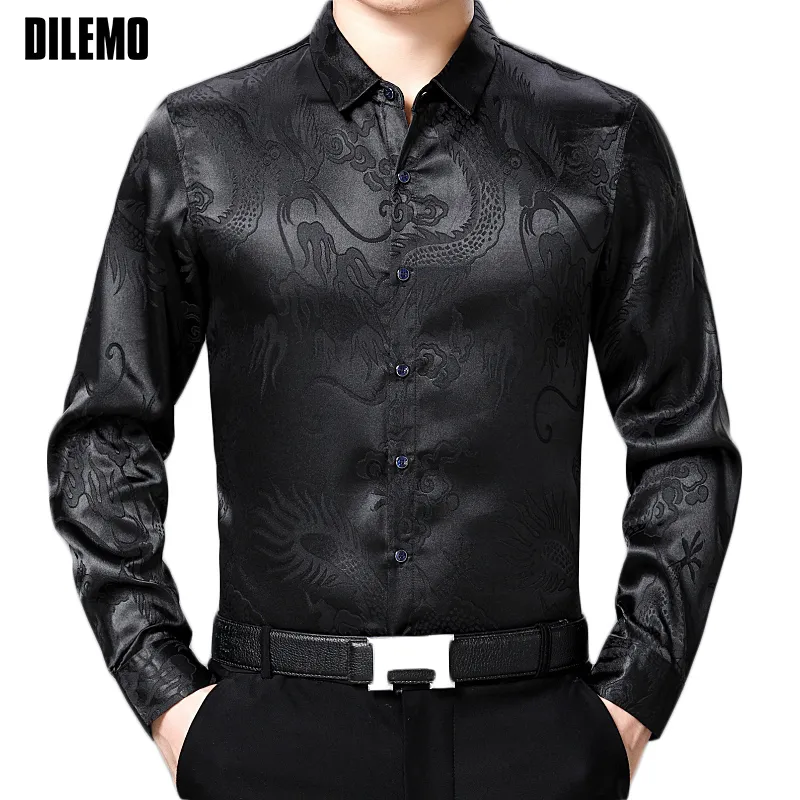 2018 New Fashion Brand-Abbigliamento Camicie da uomo Casual Slim Fit Colletto quadrato Camicie a maniche lunghe nere stampate in stile cinese per uomo