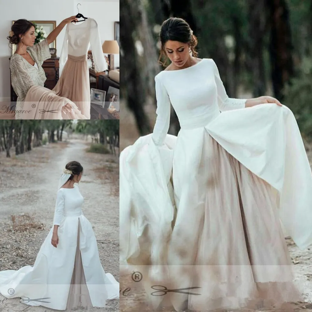 Simple Elegant Open Back Long Sleeve Wedding Dress Detachable Skirt