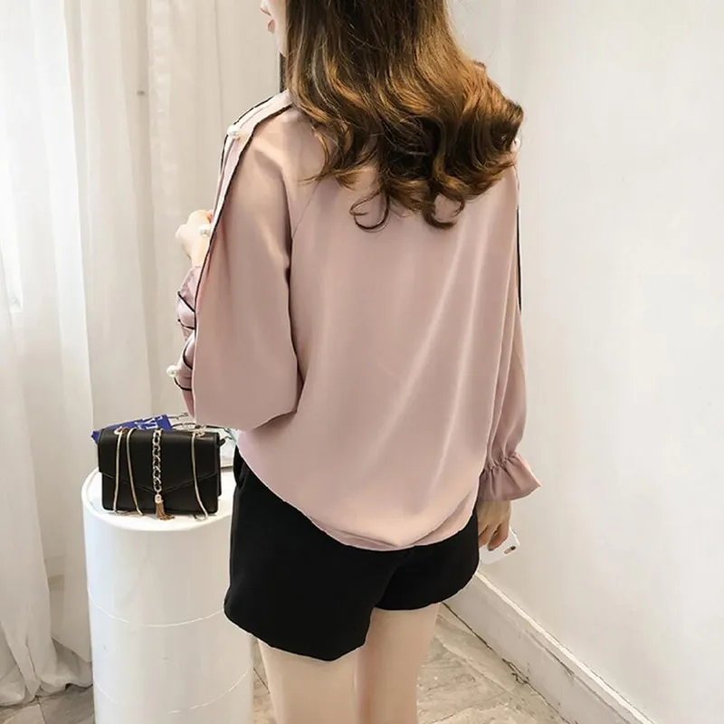 Camicetta in chiffon 2018 Nuove donne Top Camicie a maniche lunghe a tromba Camicette eleganti da donna Pearl Casual Colore rosa bianco Blusas