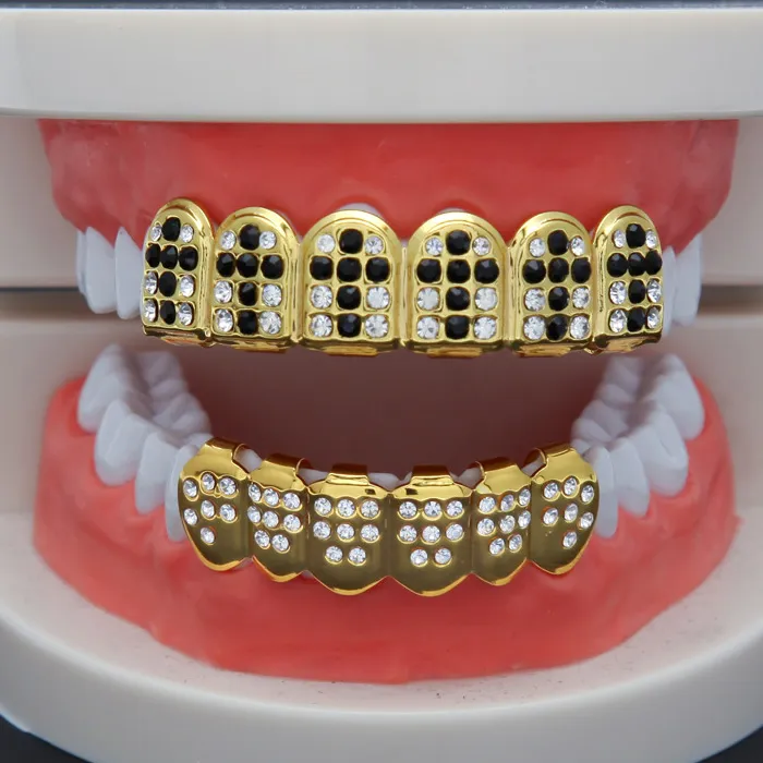 Accessori per feste cosplay hiphop CZ Crystal Bio Rame Oro Denti Grillz Caps Top & Bottom con ciondolo croce nera rossa_voghion.com