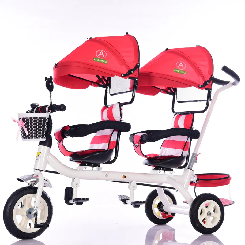 Premium Children's Double Tricycle, Twins, Trolley, One-Key Swivel Seat, Infant Folding Bike