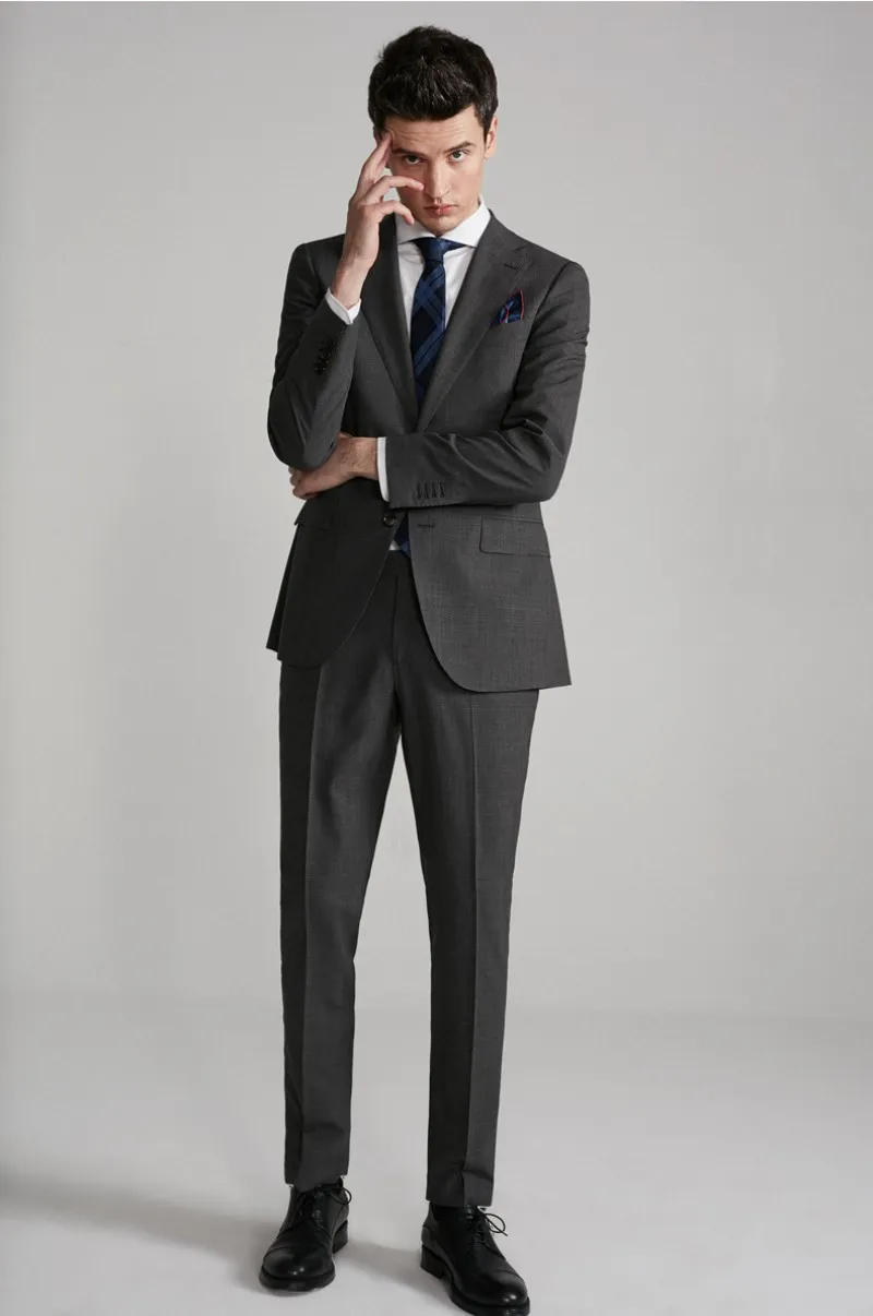 Customized Slim Fit Groom Tuxedos Dark Grey Mens Designer Suits Peaked Lapel Two Pieces Best Men Suits For Weddings (Jacket+Pants)