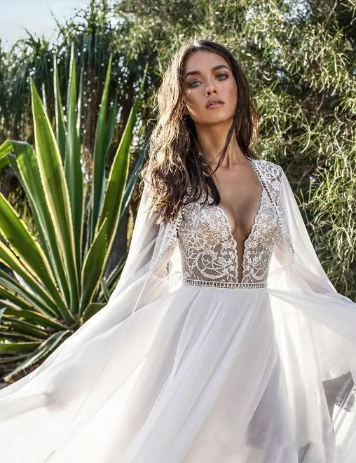 2018 Asaf Dadush Boho Brautkleider mit langen Ärmeln, seitlich gespaltenem Strand-Chiffon-Böhmen-Brautkleid, Perlen-Spitze-Hochzeitskleid