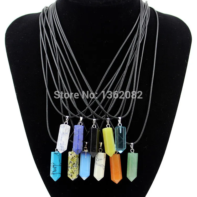 Men Women's Natural Stone Crystal Quartz 25*18mm Hexagonal Prism Beads Healing Pointed Pendant Leather Rope Necklace