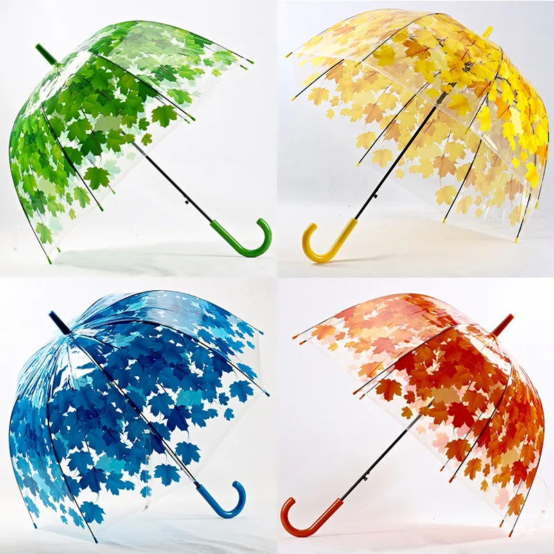 Newest Transparent PVC Mushroom Umbrellas Green Printed Leaves Rain Clear Leaf Bubble Umbrella Free Shipping 8pcs