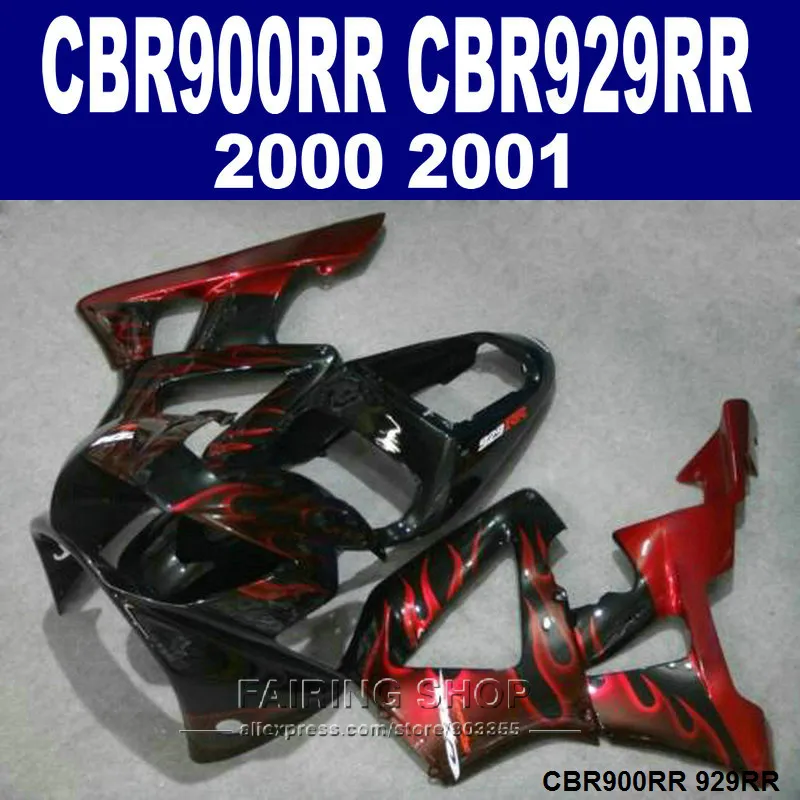 Hot Koopballen Set voor Honda CBR900RR CBR929 2000 2001 Rode Vlammen in Black Fairing Kit CBR929RR00 01 CA34