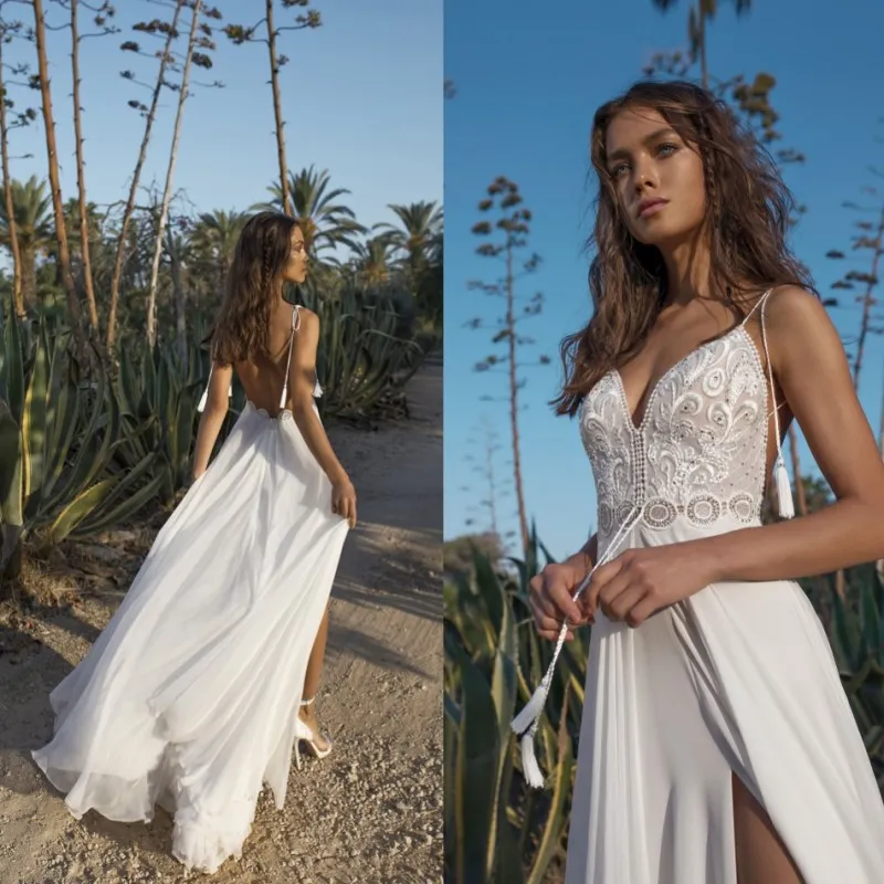 Asaf Dadush Boho Wedding Dresses High Side Split Lace Appliqued Backless Beach Bridal Gowns A Line Chiffon Wedding Dress