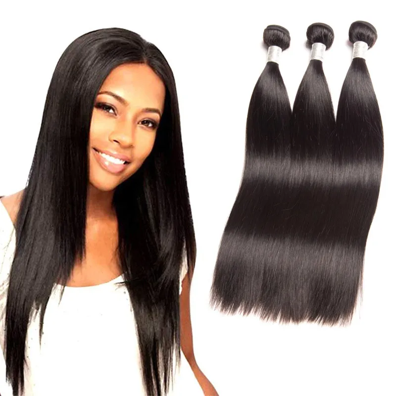 Brazilian Virgin Hair 3 Bundles Straight Human Hair Silky Hair Extensions Wefts 10-28inch Double Wefts Natural Color