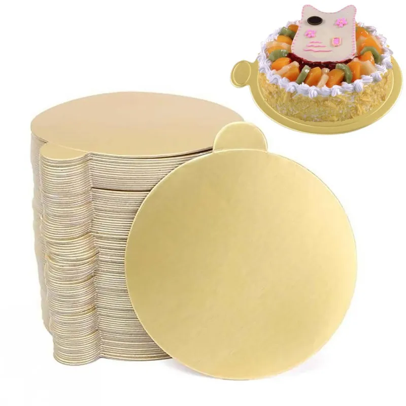 100 stks / set Ronde Mousse Cake Boards Gold Paper Cupcake Dessert Displays Lade Bruiloft Verjaardagstaart Gebak Decoratieve Gereedschapsset