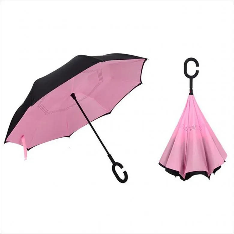 Kreative umgekehrte Regenschirme, 34 Farben, doppellagig, mit C-Griff von innen nach außen, umgekehrter winddichter Regenschirm DHL-frei
