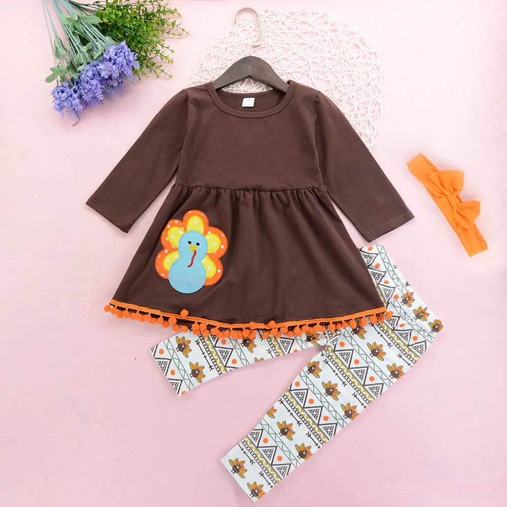 Thanksgiving Kids Set Nieuwe Mode Herfst Winter Meisjes Lange Mouw Tassel Jurk + Print Broek met hoofdband Set