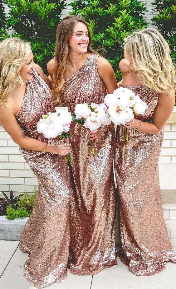 Розовое золото блестки платья невесты 2018 Блестящие для свадьбы одно плечо линии длиной до пола плюс размер формальные фрейлина платья