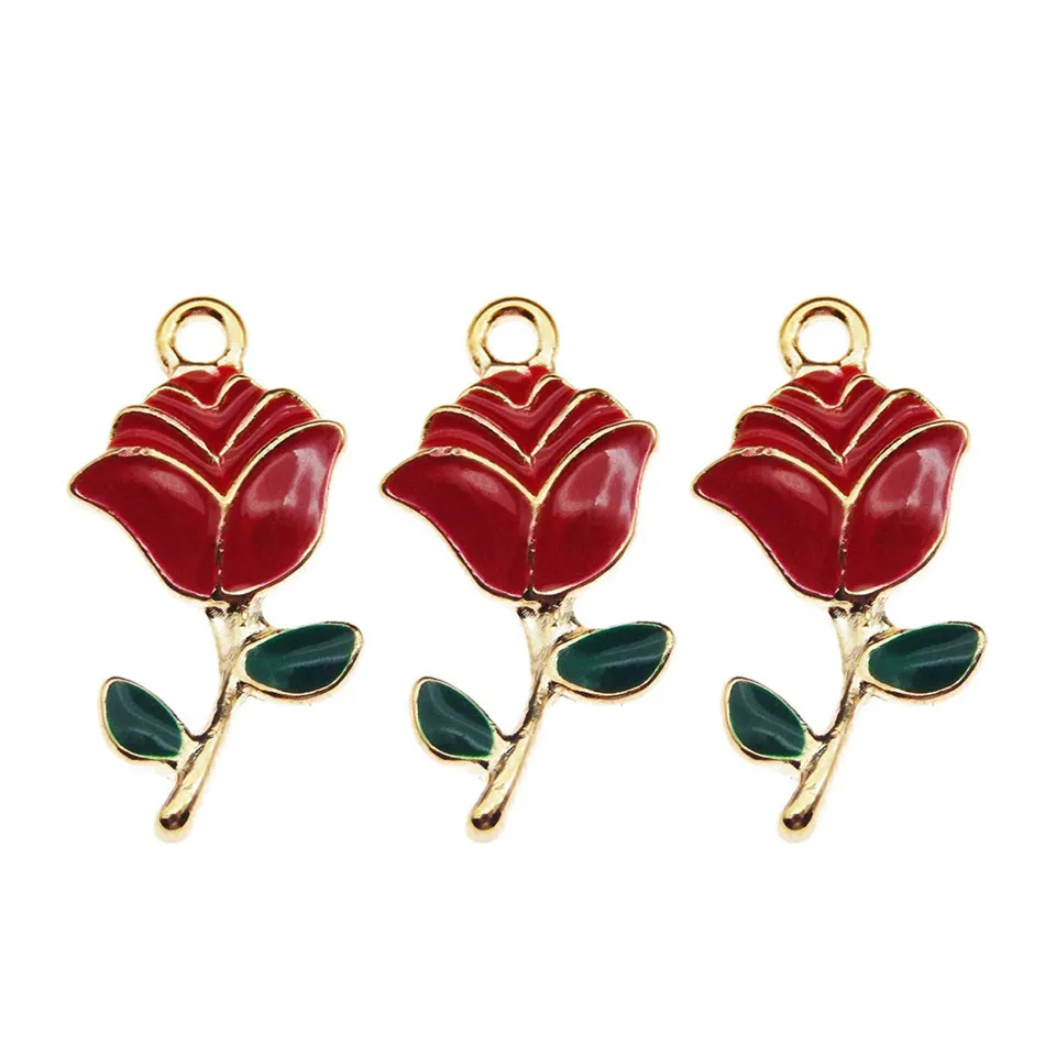 Wholesale Gold Color Enamel Red Alloy Grace Rose Look Charms Handmade Pendant DIY Fashion Necklace Jewelry Findings