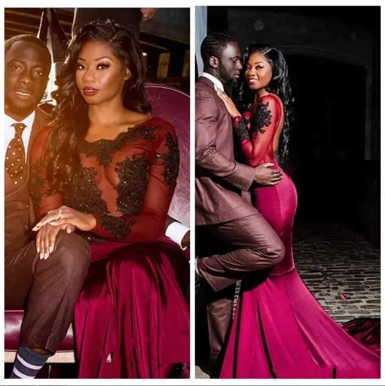 Stunning 2018 African Burgundy Mermaid Mermaid Prom Dresses 2021 With Sheer Long Sleeves Black Appliques And Lace Detailing Perfect For Formal Parties And Evening Events From Hot Wind 119.44 DHgate.Co...