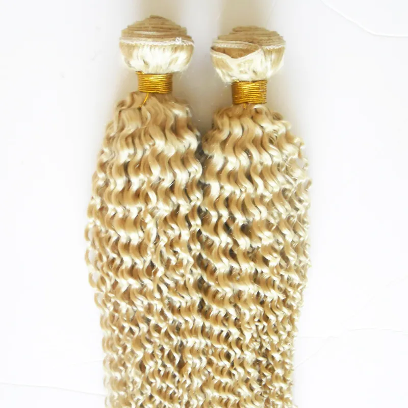 Mongolian Afro Kinky Curly Hair Weave 4B 4C 200G Mänskliga hårförlängningar Non-Remy Hair 2PCS Vävning Buntar Machine Double Weft 613 Blondin