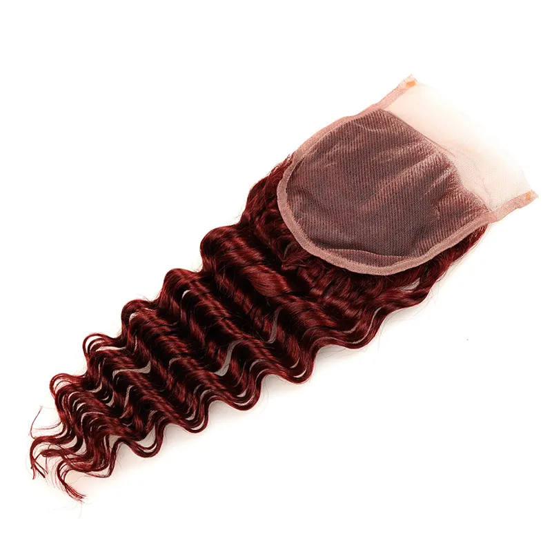Tiefgewellte brasilianische weinrote Echthaar-Bündel mit Verschluss oben, gefärbt #99J Burgunderrot, 4x4-Spitzenverschluss mit jungfräulicher Haarwebart