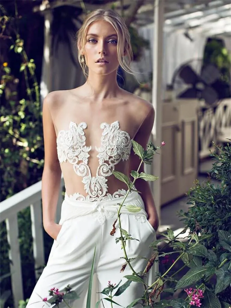 Riki Dalal 2018 Modest A Line Wedding Dress Jumpsuit With Removable Skirt Lace Applique Bridal Gowns Custom Made Wedding Dress8876138