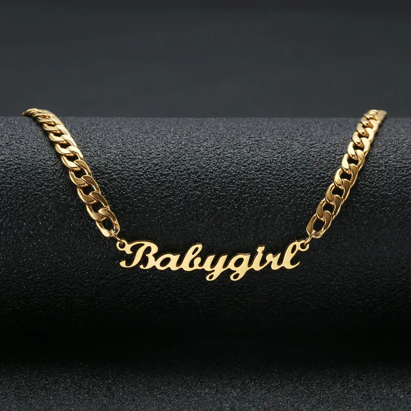 Beau cadeau couleur or Babygir nom collier en acier inoxydable plaque signalétique tour de cou écriture Signature collier pour les filles