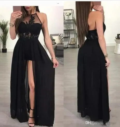 Sexy Long Black Prom Dresses 2018 Lace Applique Chiffon See Through Halter Split Evening Party Gowns From 126 2 DHgate