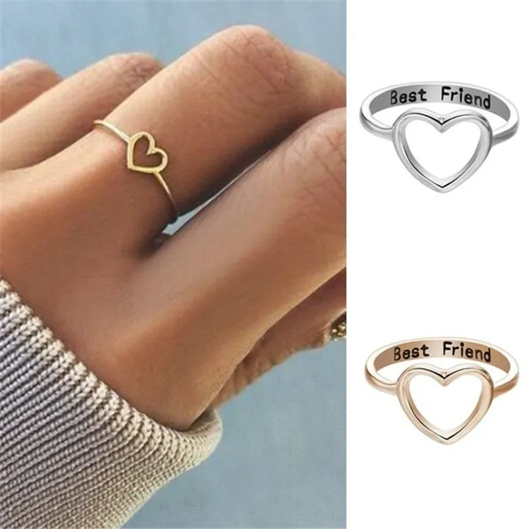 موضة جديدة الإبداعية محفورة حرف "أفضل صديق" على شكل قلب حلقة النساء الخاتم الفضة