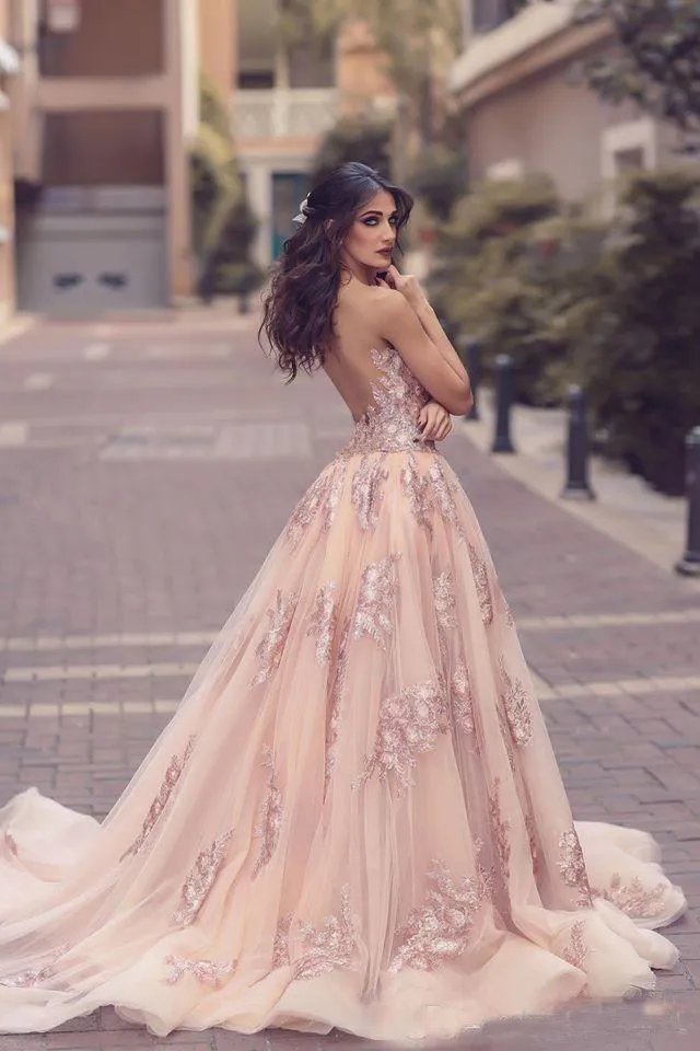 Robes de soirée rose blush arabe saoudien avec train détachable pure illusion corsage dentelle appliques tenue de soirée côté fendu longue robe de bal